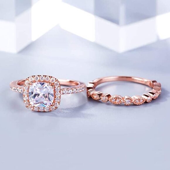 Boutique Jewelry - Rose Gold Bridal Set Zircon Wedding Engagement Couple Stacking Ring Set